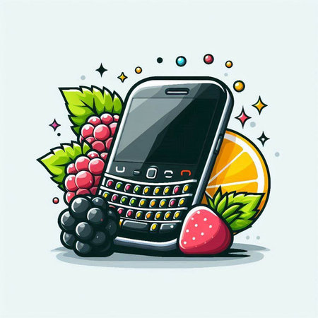 Mobile phone with fruits and berries. Vector illustration in cartoon style.のイラスト素材