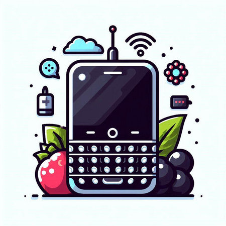 Mobile phone and fruits. Vector illustration in flat line style on white background.のイラスト素材