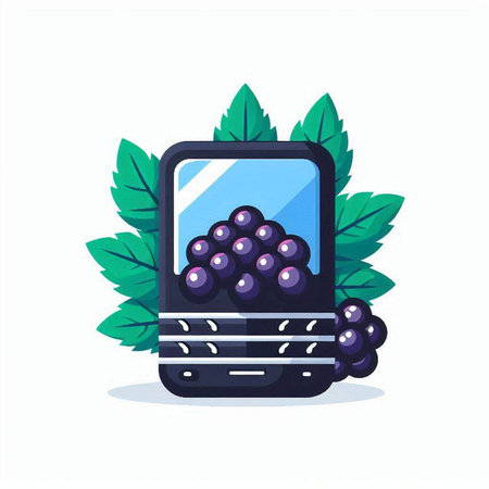 Smartphone with black grapes and leaves. Vector illustration in cartoon style.のイラスト素材