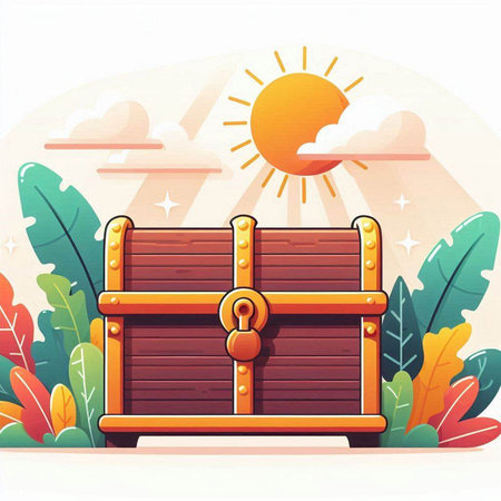 Treasure chest on a background of palm leaves and sun. Vector illustrationのイラスト素材