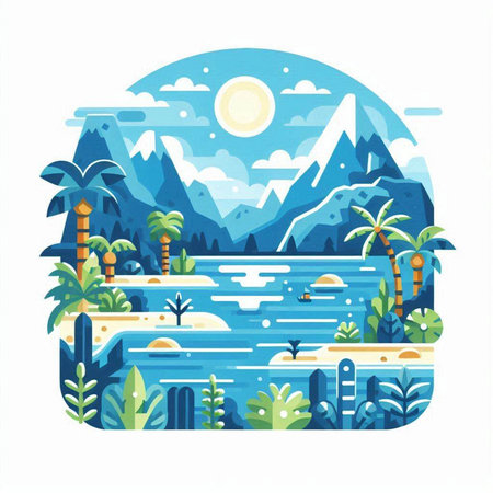 Landscape with mountains, palm trees and river. Modern flat vector illustration.のイラスト素材