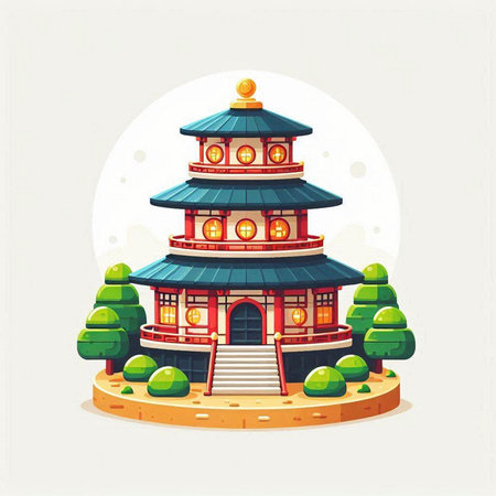 Vector illustration of Chinese temple in flat style on a white background.のイラスト素材