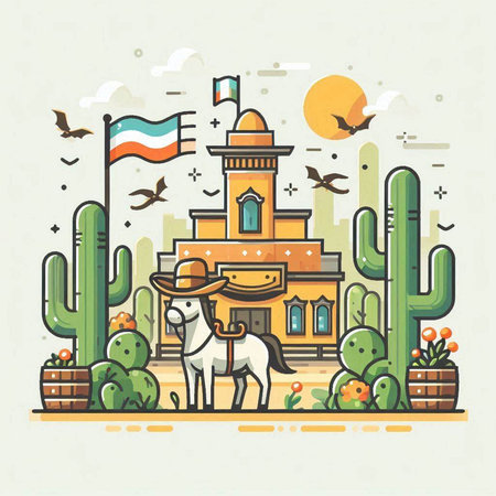 Vector illustration of a horse and cactus in a flat style.のイラスト素材