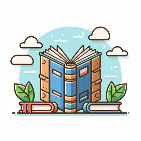 Vector illustration of books and leaves in flat line style. Education concept.のイラスト素材