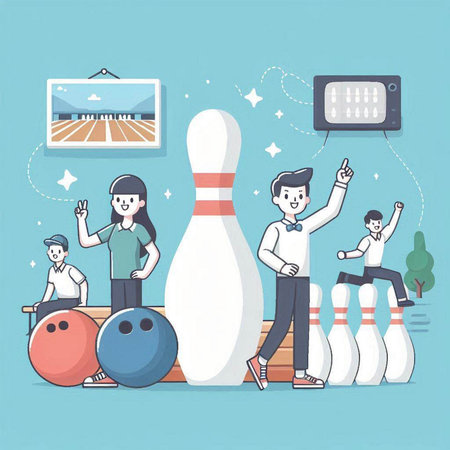 People playing bowling and having fun. Vector illustration in cartoon style.のイラスト素材
