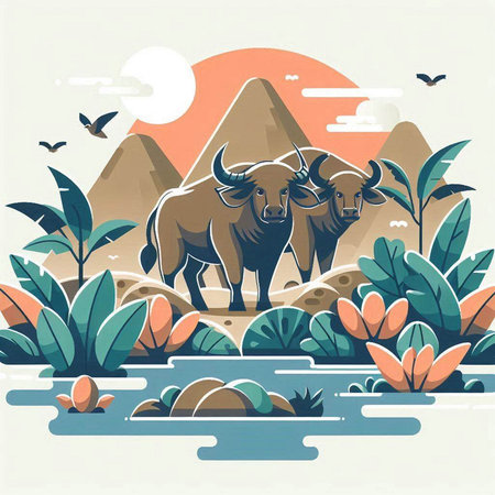 Vector illustration of a buffalo on a background of mountains and vegetation.のイラスト素材