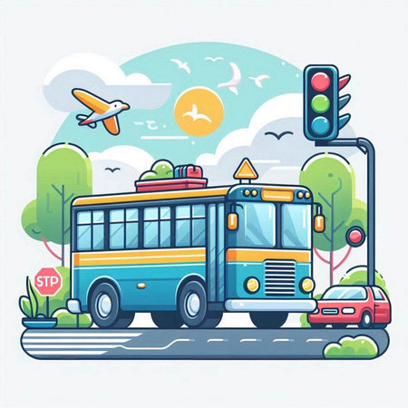 Vector illustration of a bus on the road. Colorful flat design.のイラスト素材