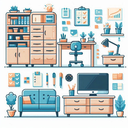 Flat design vector illustration concept of home office workspace with furniture and equipment.のイラスト素材
