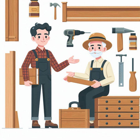 Carpenter and carpentry tools. Vector illustration in cartoon styleのイラスト素材
