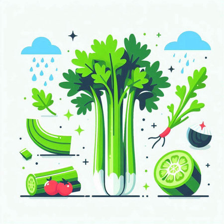 Vector illustration of celery and vegetables in flat style. Healthy food concept.のイラスト素材