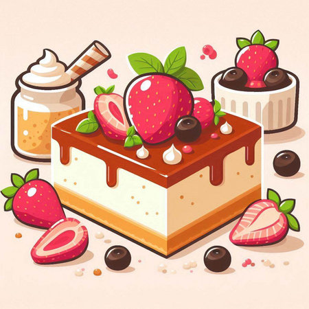 Vector illustration of a piece of cake with strawberries, chocolate and creamのイラスト素材