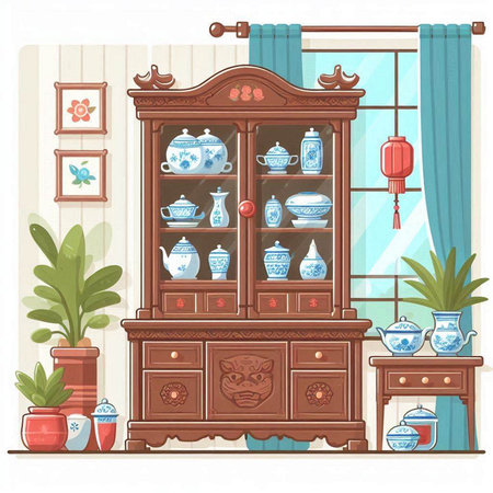 Cupboard with Chinese porcelain dishes and pots. Vector illustration.のイラスト素材