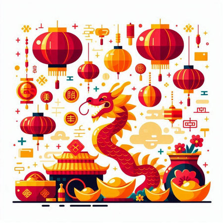 Chinese New Year banner with red dragon and lanterns. Vector illustrationのイラスト素材