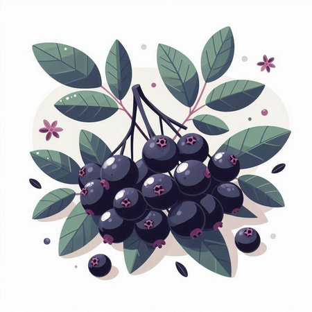 Vector illustration of bunch of black chokeberry with leaves and flowers.のイラスト素材