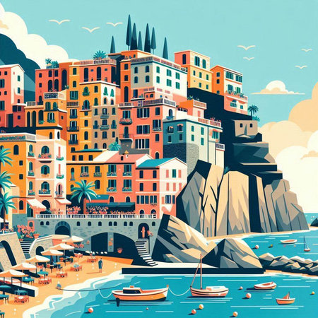 Vintage style vector illustration of Cinque Terre, Italyのイラスト素材