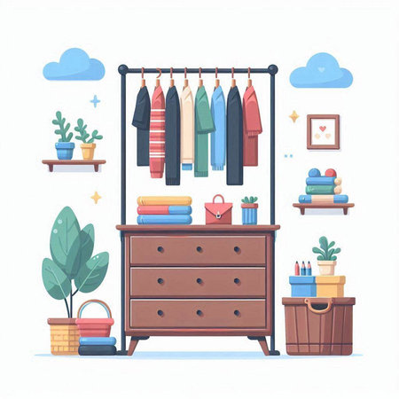 Closet with clothes and accessories. Vector illustration in flat styleのイラスト素材