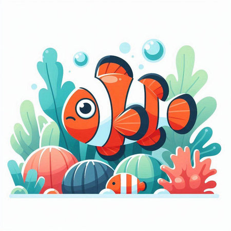 Cartoon underwater world with clown fish and seaweed. Vector illustrationのイラスト素材
