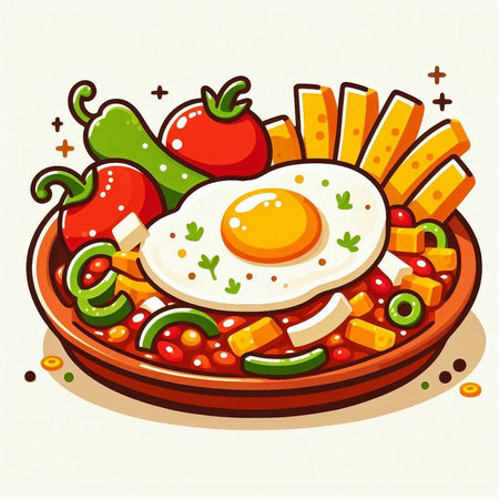 Fried egg with vegetables in plate. Vector illustration of healthy food.のイラスト素材