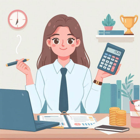 Business woman with calculator and laptop in the office. Vector illustration.のイラスト素材