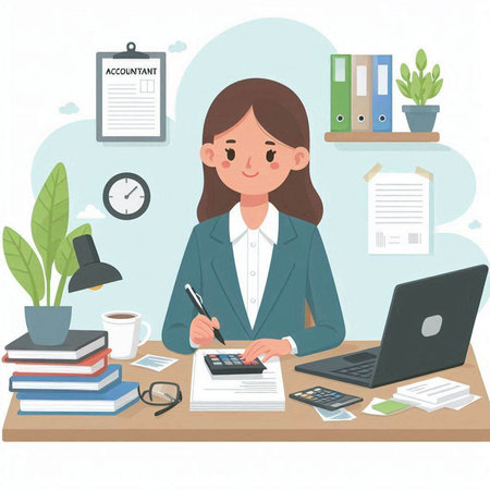 Businesswoman working at the office. Vector illustration in cartoon style.のイラスト素材