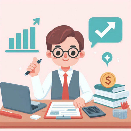 Businessman working at office desk. Vector illustration in cartoon style.のイラスト素材