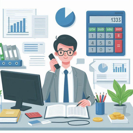 Businessman working at office desk with computer, calculator, documents and laptop. Flat style vector illustration.のイラスト素材