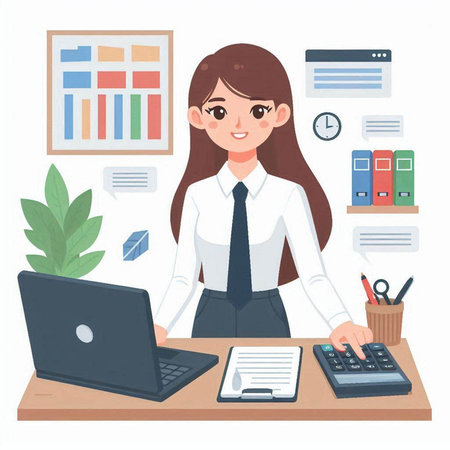 Business woman working at office with laptop and documents. Vector illustration.のイラスト素材
