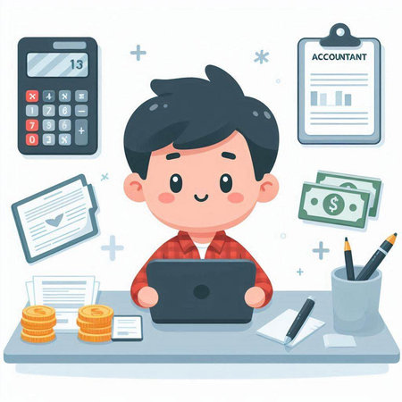 Businessman working on laptop computer at office desk. Vector illustration.のイラスト素材