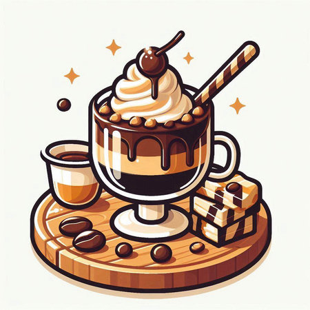 Vector illustration of a cup of coffee with whipped cream, chocolate and caramelのイラスト素材