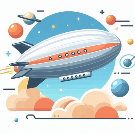 Airship in space. Vector illustration in flat style. Cartoon style.のイラスト素材