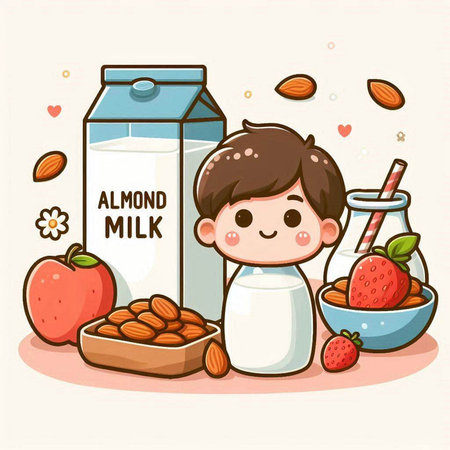 Cute little boy with milk and ingredients for healthy breakfast. Vector illustration.のイラスト素材