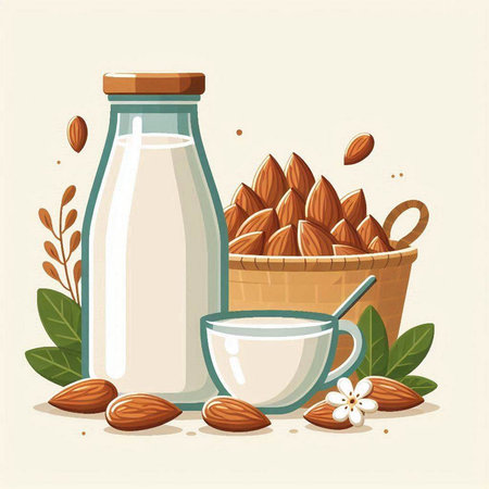 Almond milk in a glass bottle with nuts. Vector illustration.のイラスト素材