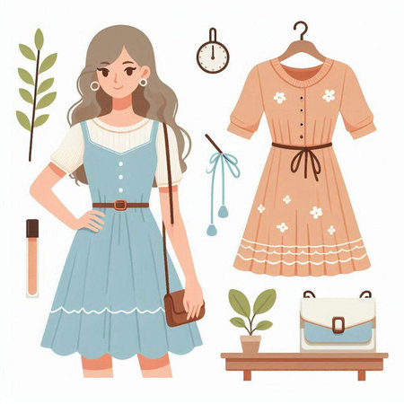 Beautiful girl in a dress. Set of clothes. Vector illustrationのイラスト素材