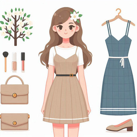 Fashionable woman in dress and accessories. Vector illustration in cartoon style.のイラスト素材