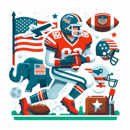 American football player with ball, helmet, helmet and american flag. Vector illustration.のイラスト素材