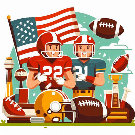 American football players in uniform, american flag, ball, helmet and trophy vector illustrationのイラスト素材