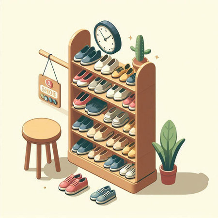 Shoe store isometric composition with different shoes and accessories vector illustrationのイラスト素材