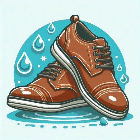 Illustration of a pair of brown sneakers with drops of water.のイラスト素材