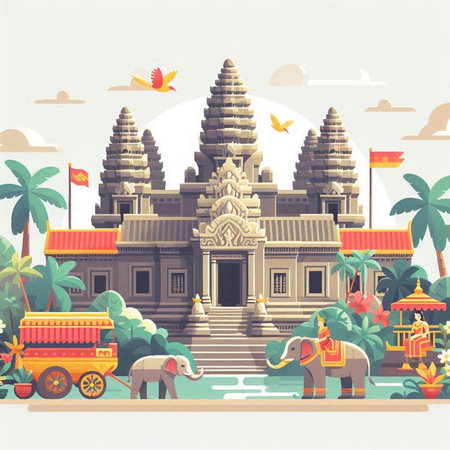 Vector illustration of Hindu temple with elephants, palm trees, sand, flowers and birds.のイラスト素材