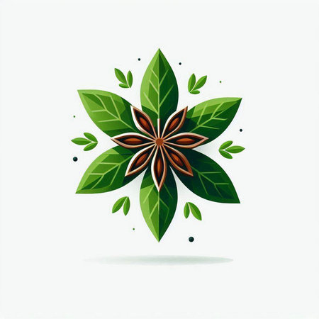 Star anise and green leaves. Vector illustration on a white background.のイラスト素材