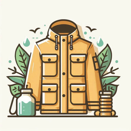 Vector illustration of a raincoat on a background of leaves and birds.のイラスト素材