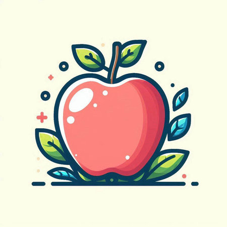 Apple fruit icon. Vector illustration of red apple with green leaves.のイラスト素材