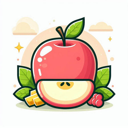 Cute apple fruit cartoon vector illustration isolated on white background. Cute red apple fruit character.のイラスト素材