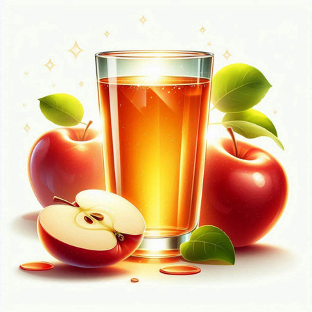 Glass of apple juice with fresh apples and leaves on a light backgroundのイラスト素材