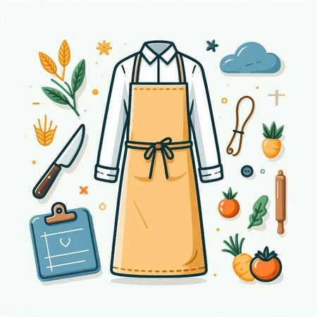 Kitchen uniform and utensils. Vector illustration in flat styleのイラスト素材
