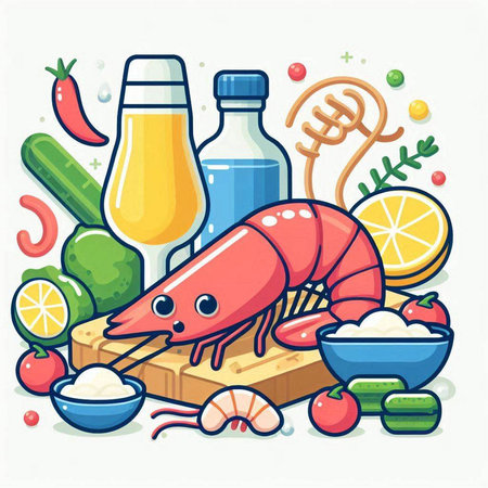 Vector illustration of fresh seafood and ingredients for cooking. Healthy lifestyle concept.のイラスト素材