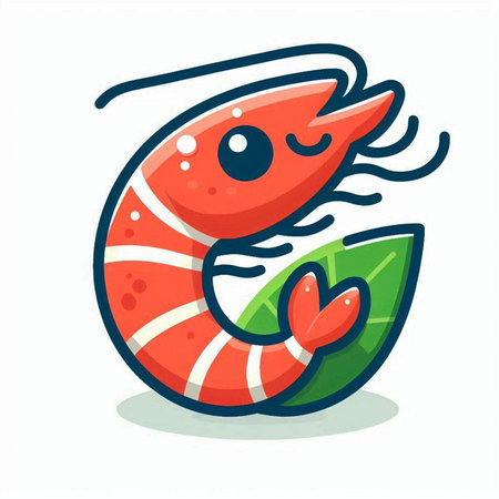 Illustration of Cute Red Shrimp Cartoon Character with Green Leafのイラスト素材