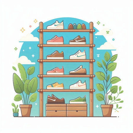 Vector illustration of a set of shoes in a shelf with plants.のイラスト素材