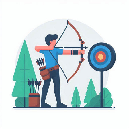 Archery man with bow and arrow. Male character aiming at target. Vector illustration in flat styleのイラスト素材