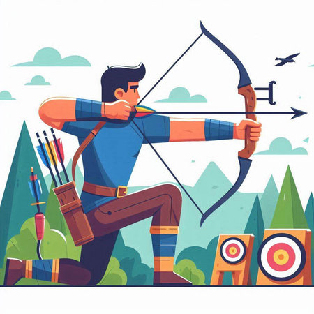 Archery vector illustration. Cartoon archer with bow and arrow aiming at target.のイラスト素材